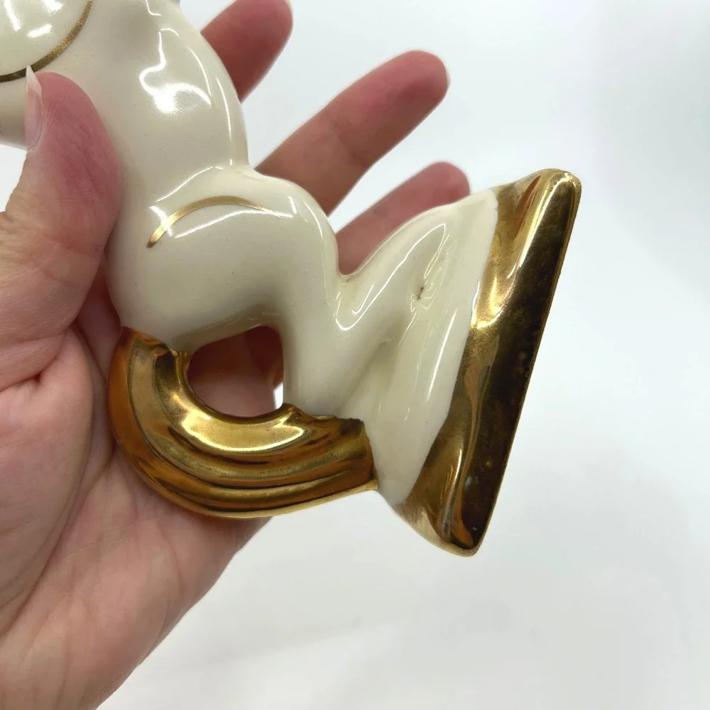 Vintage Mid Century Gold White Ceramic Rearing Horse Figurine